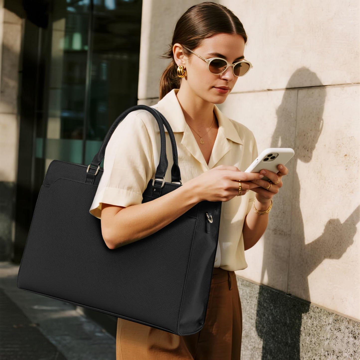 GMAK Laptop Tote Bag for Women, Office Work Bag Briefcase for 15.6 inch Laptop, PU Leather Teacher Tote Bag Large Capacity Waterproof Computer Bags Teacher Handbag for Commute Office Travel, Black