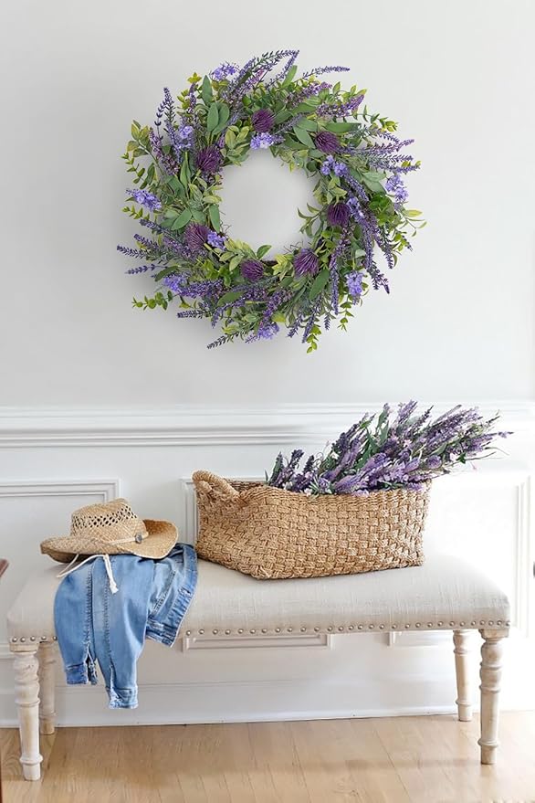 Lavender Wreath for Front Door Spring Summer Wreaths for Front Door, 22 Inch Doors Wreaths for Front Doors Outside All Season, Summer Wreath for Home Wall Window Party Wedding Decor Indoor Outdoor