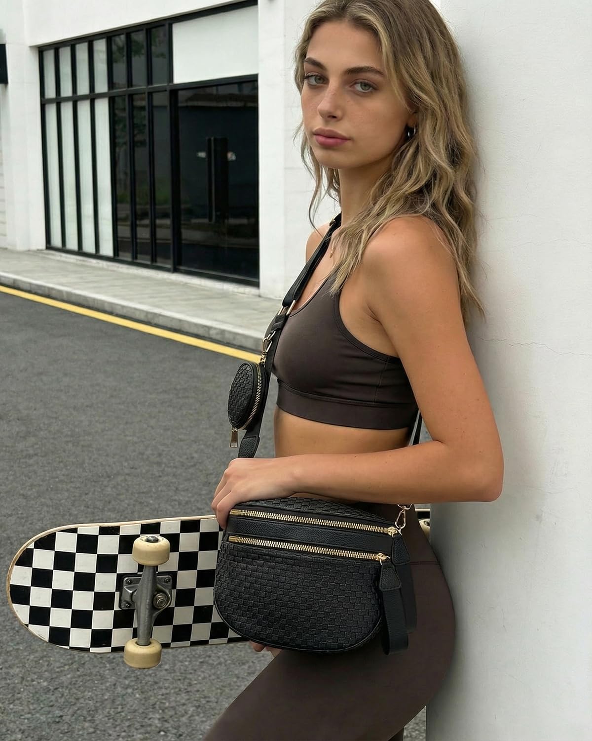 Valentoria Large Woven Leather Crossbody Bags for Women Bum Bag Sling Bag Purse With Adjustable Strap Detachable Wallets Must Haves Cross body Bag (Black Checkered)