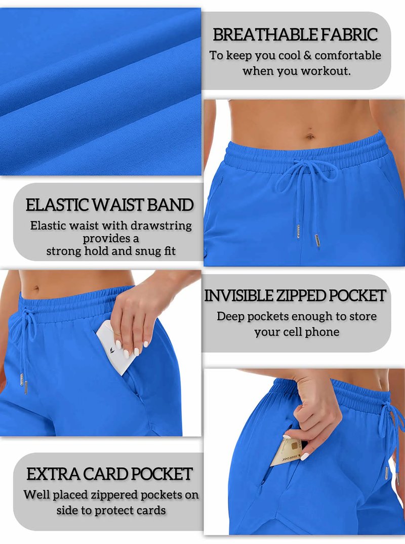 Mancreda Women's Running Shorts with Liner 3 Zipper Pockets Elastic Workout Athletic Gym Yoga Shorts(RB,L)