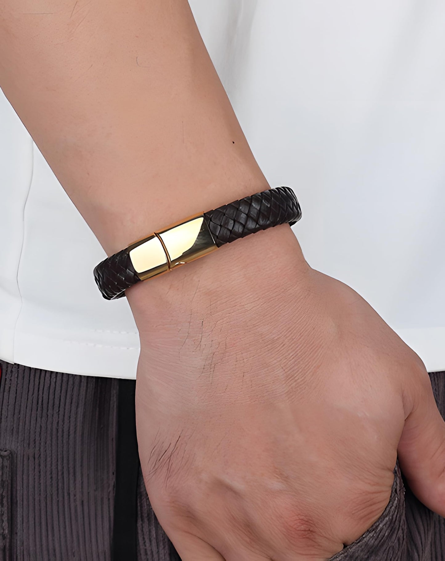 Deerllia Leather Bracelet for Men, Braided Cuff with Stainless Steel Clasp Stacked Multi Style Color Anniversary Father's Day Birthday Christmas Jewelry Gifts for Him, Black Clasp Brown Leather