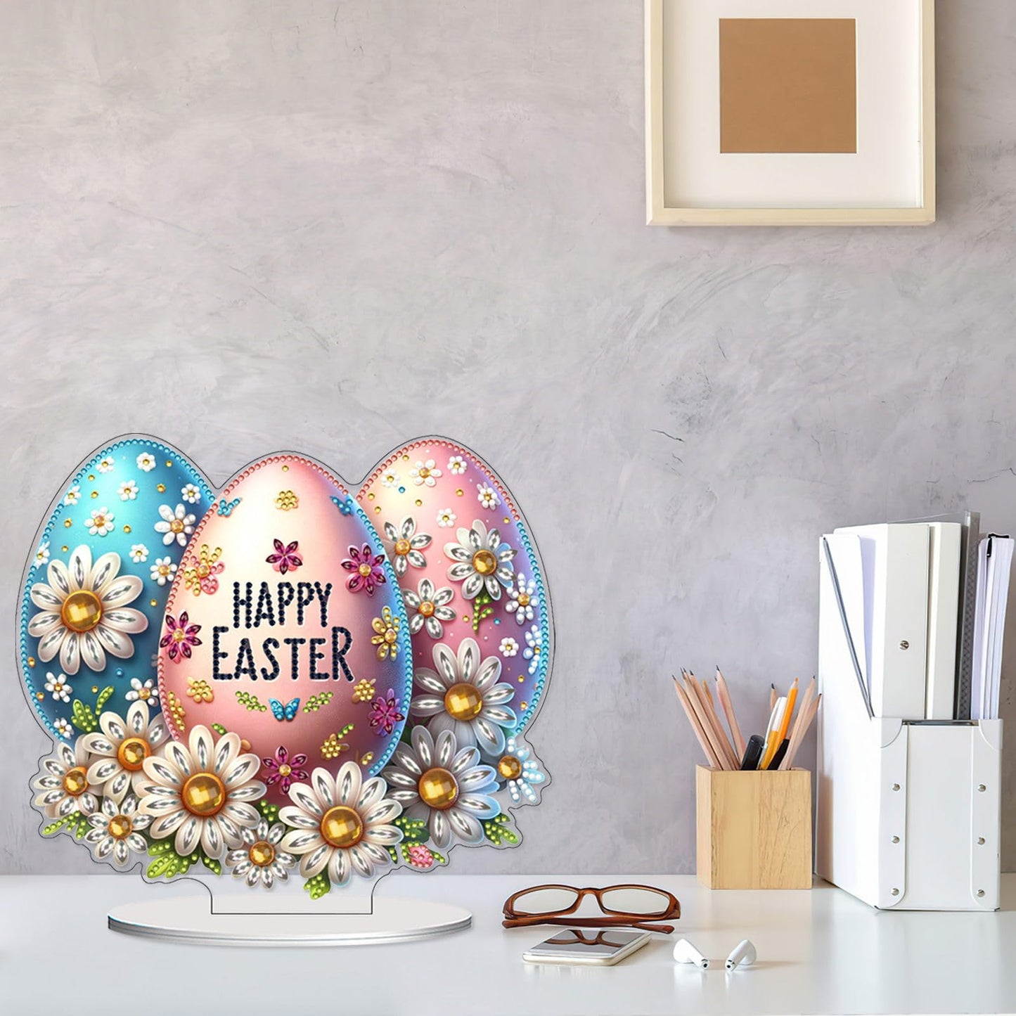 VODAPYC Easter Diamond Art Tabletop, DIY Stand Up Double Sided Special Shaped Partial Diamond Art Desktop Ornaments for Home Decor(Happy Easter Egg)