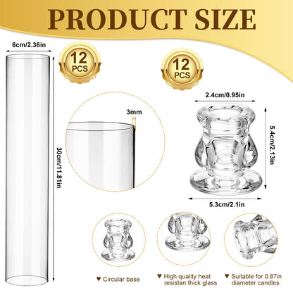 12 Set Glass Hurricane Candle Holders 11.8" Open Ended Glass Candleholder Tube Shape Bottomless and 2.1" Taper Clear Candlestick Holder Bulk for Table Centerpiece Wedding Party Home Decor (12, Clear)
