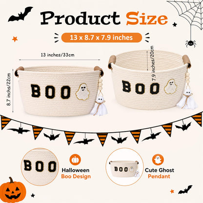 Acellegic Halloween Woven Rope Basket 13 x 8.7 x 7.9 Inch BOO Ghost Decorative Storage Basket with Ghost Pendant Halloween Candy Bowl Trick or Treat Bucket Party Favors for Home Nursery Organizer
