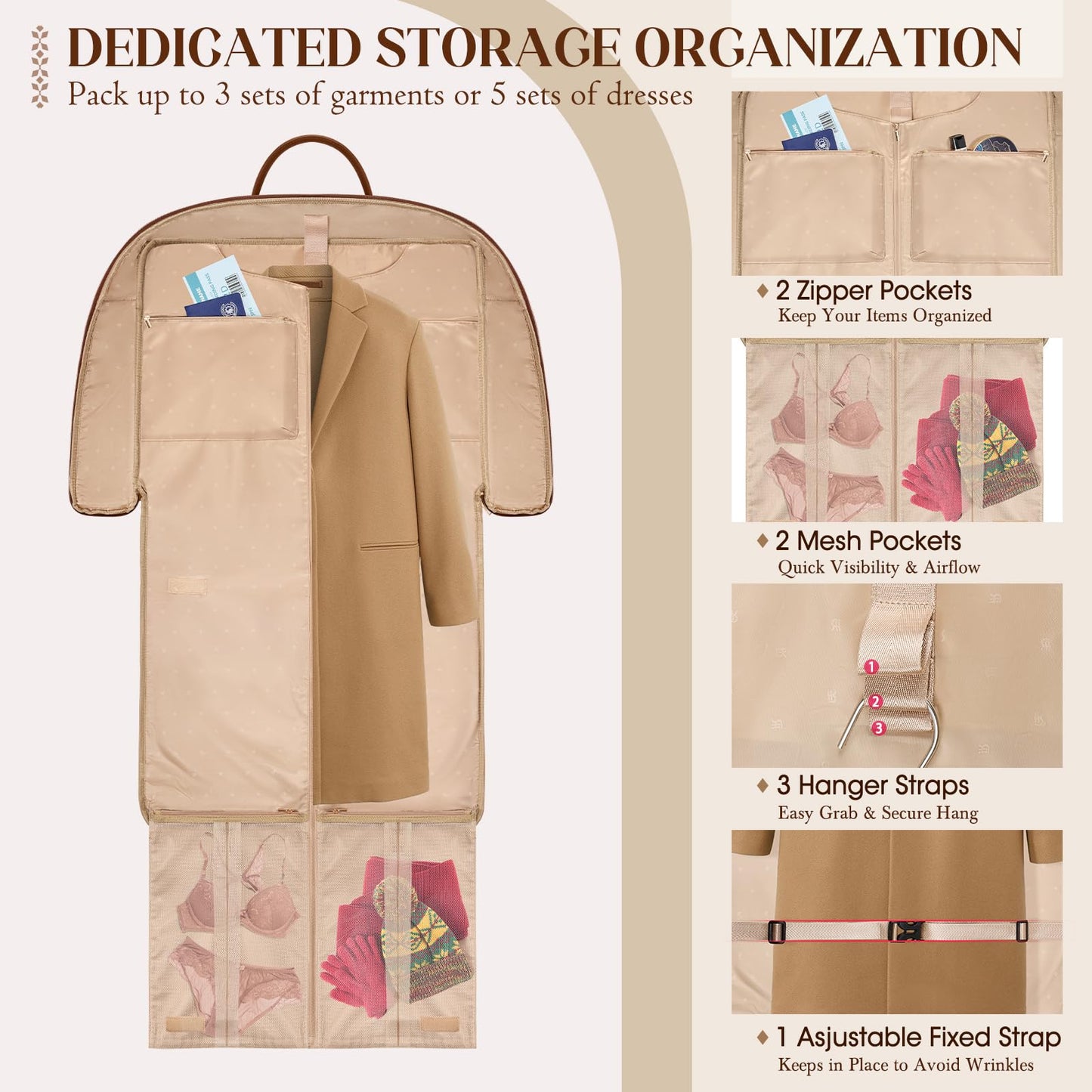RAINSMORE Garment Bag for Travel Womens Hanging Suit & Dress Travel Bag Foldable Garment Duffle with Pockets & Strap, Carry On Compatible
