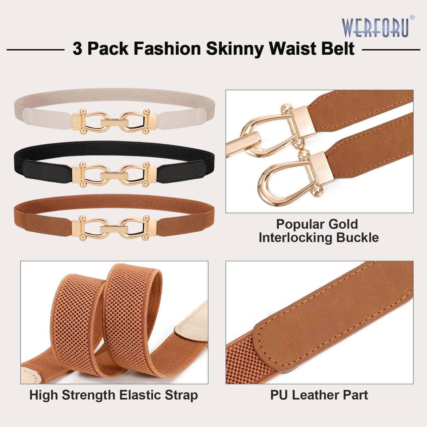 WERFORU 3 Pack Women Ladies Skinny Elastic Waist Belt Gold Buckle Stretchy Thin Belt for Dress Jeans,Black+Brown+Beige