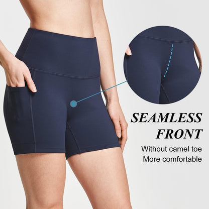 baleaf Biker Shorts Women Yoga Gym Workout Spandex Running Volleyball Tummy Control Compression with Pockets Soft 5" Blue L