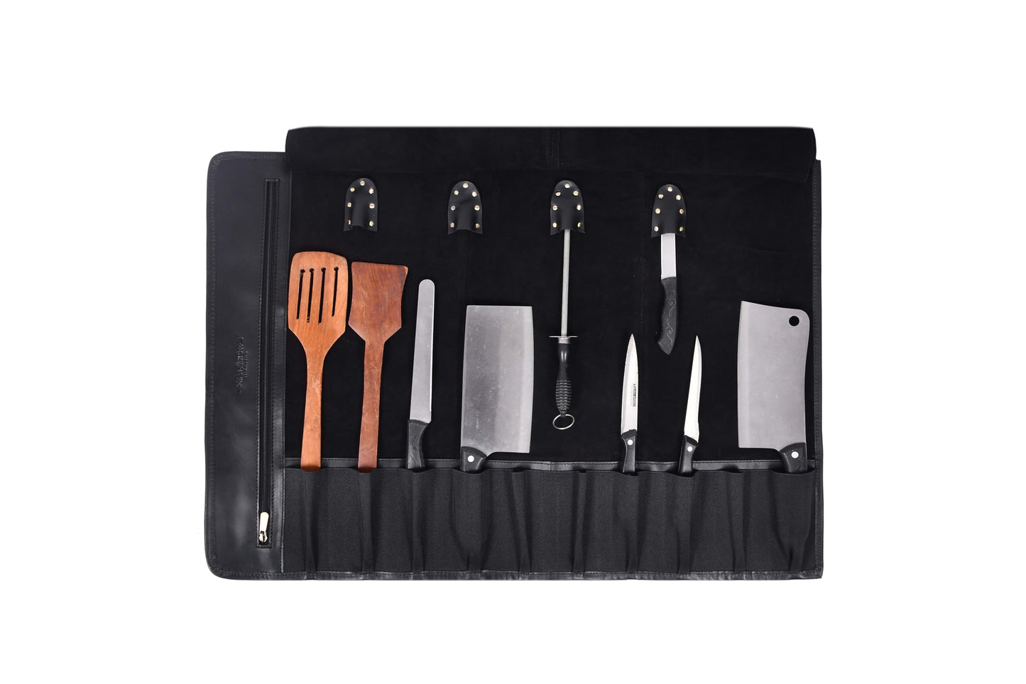 Leather Knife Roll Storage Bag, Elastic and Expandable 10 Pockets, Adjustable/Detachable Shoulder Strap, Travel-Friendly Chef Knife Case (Pitch Black, Leather)