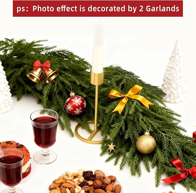 9 Ft 2 Pcs Norfolk Pine Christmas Garland - Artificial Faux Pine Needles Real Touch Winter Garland - Indoor/Outdoor Holiday Greenery Garlands for Fireplace Mantle, Staircase, Window Decor