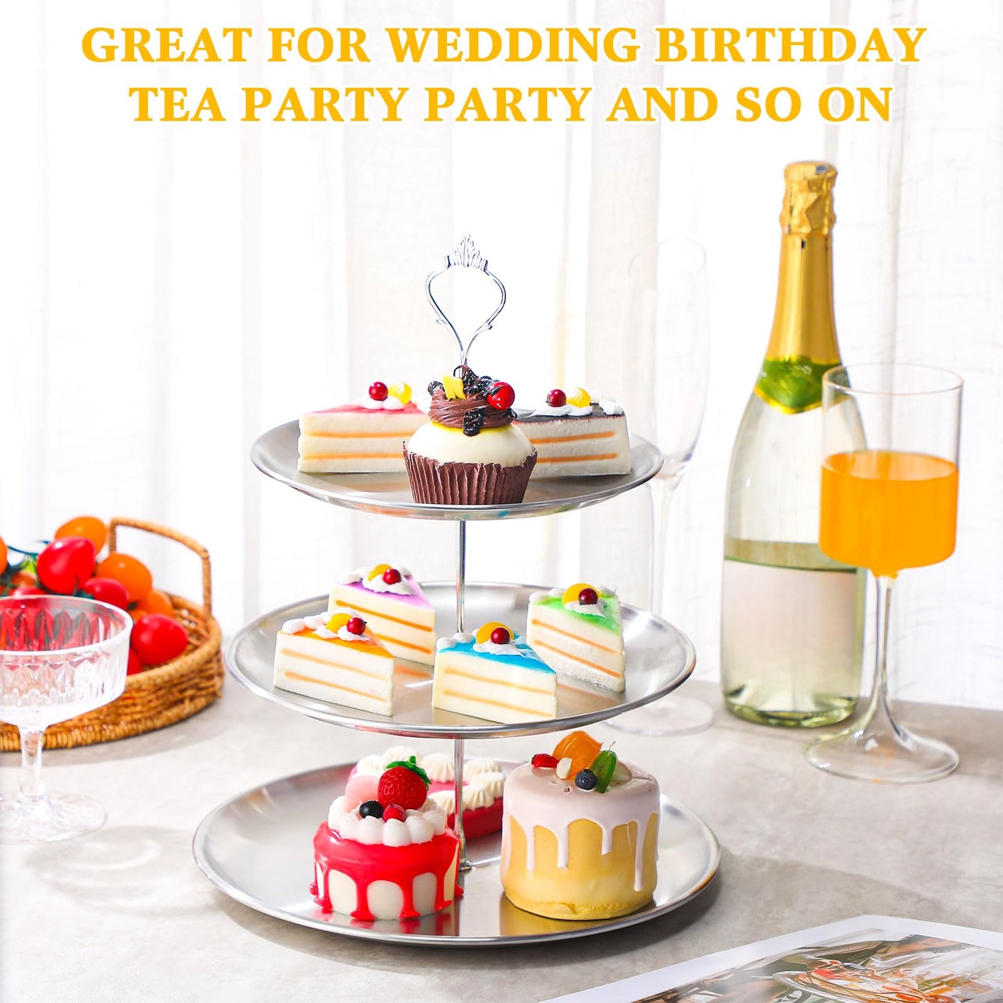 Gerrii Set of 2 Cupcake Display Stands 3 Tier Serving Tray Platters Stainless Steel Cup Cake Tower for Birthday Party Wedding Dessert Cookie Candy(Silver)