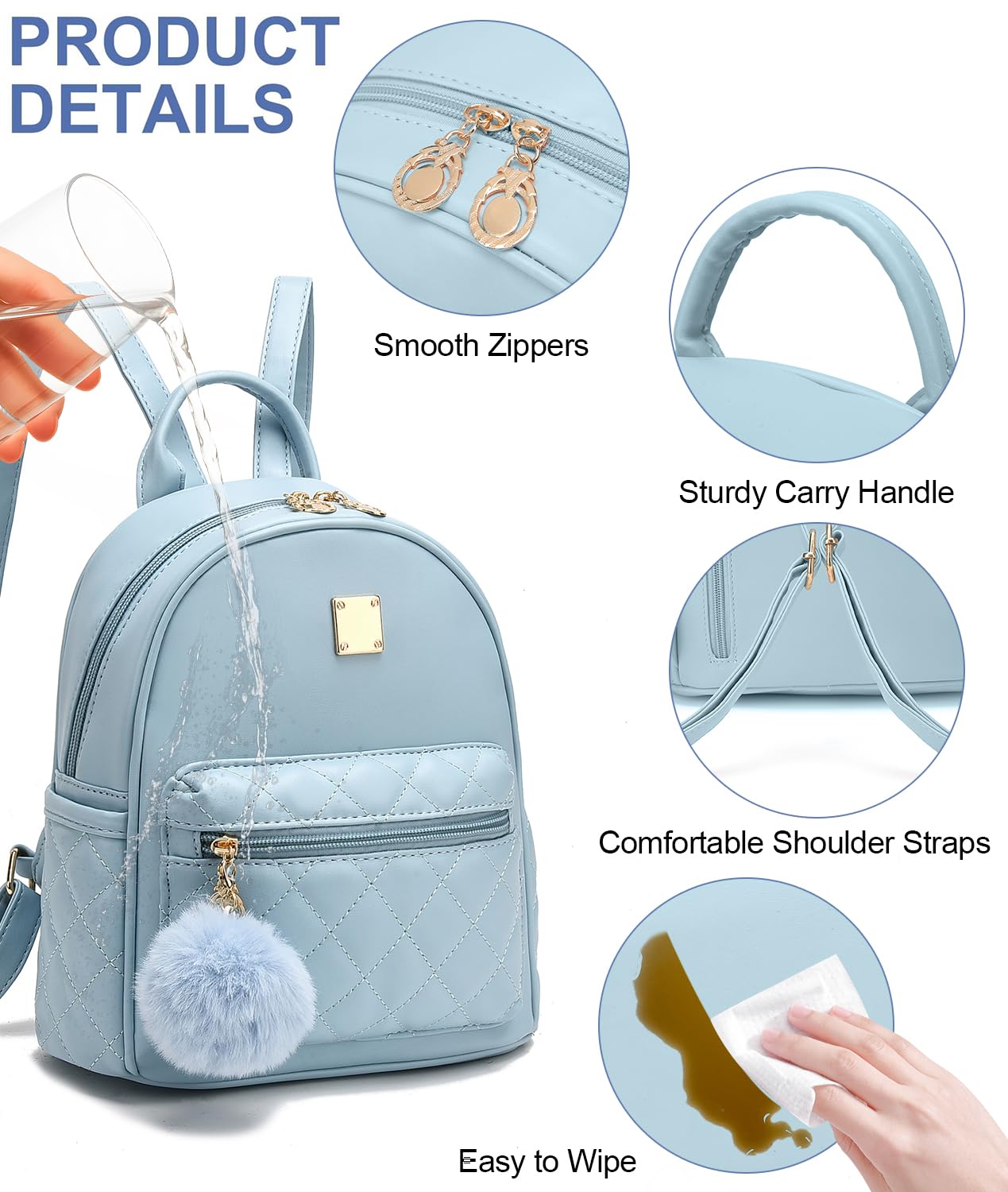 Girls Fashion Mini Backpack Purse Small Cute Plaid Leather Women Backpacks Little Bag, Mint Blue