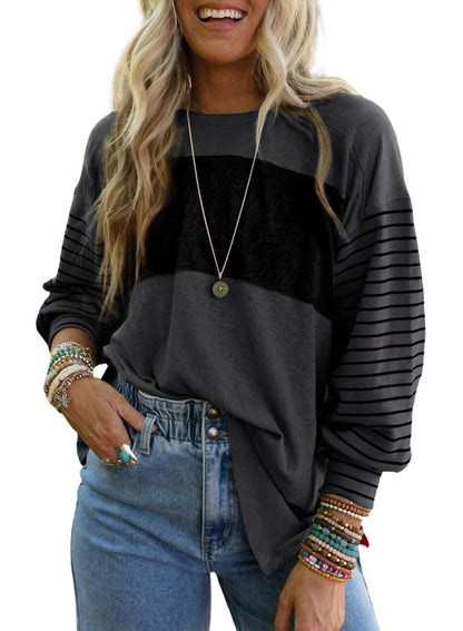 Dokotoo Long Sleeve Tops Oversized 2025 Trendy Round Crew Neck Casual Color Block Womens Shirts Blouses