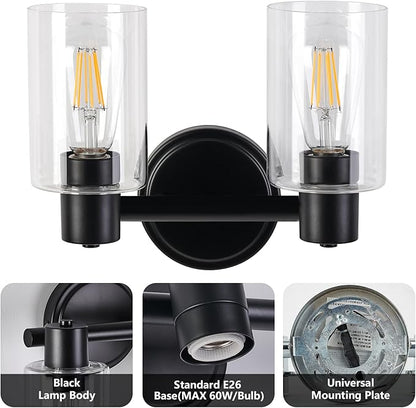 2 Light Bathroom Wall Light Fixtures Black Bathroom Wall Sconce with Clear Glass Lights Over Mirror Vanity Lights E26 Base