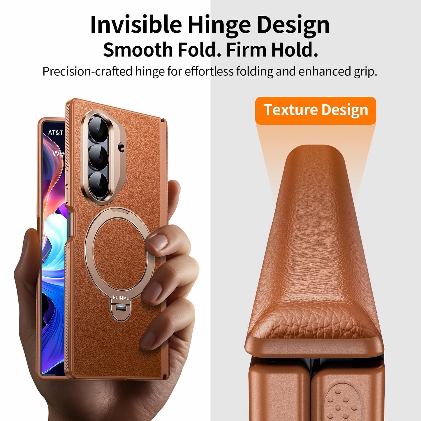 RUIMMU for Samsung Galaxy Z Fold 7 Case - Luxury Leather Texture Zfold 7 Case with Screen Protector, Kickstand and 360° Ring Holder Brown