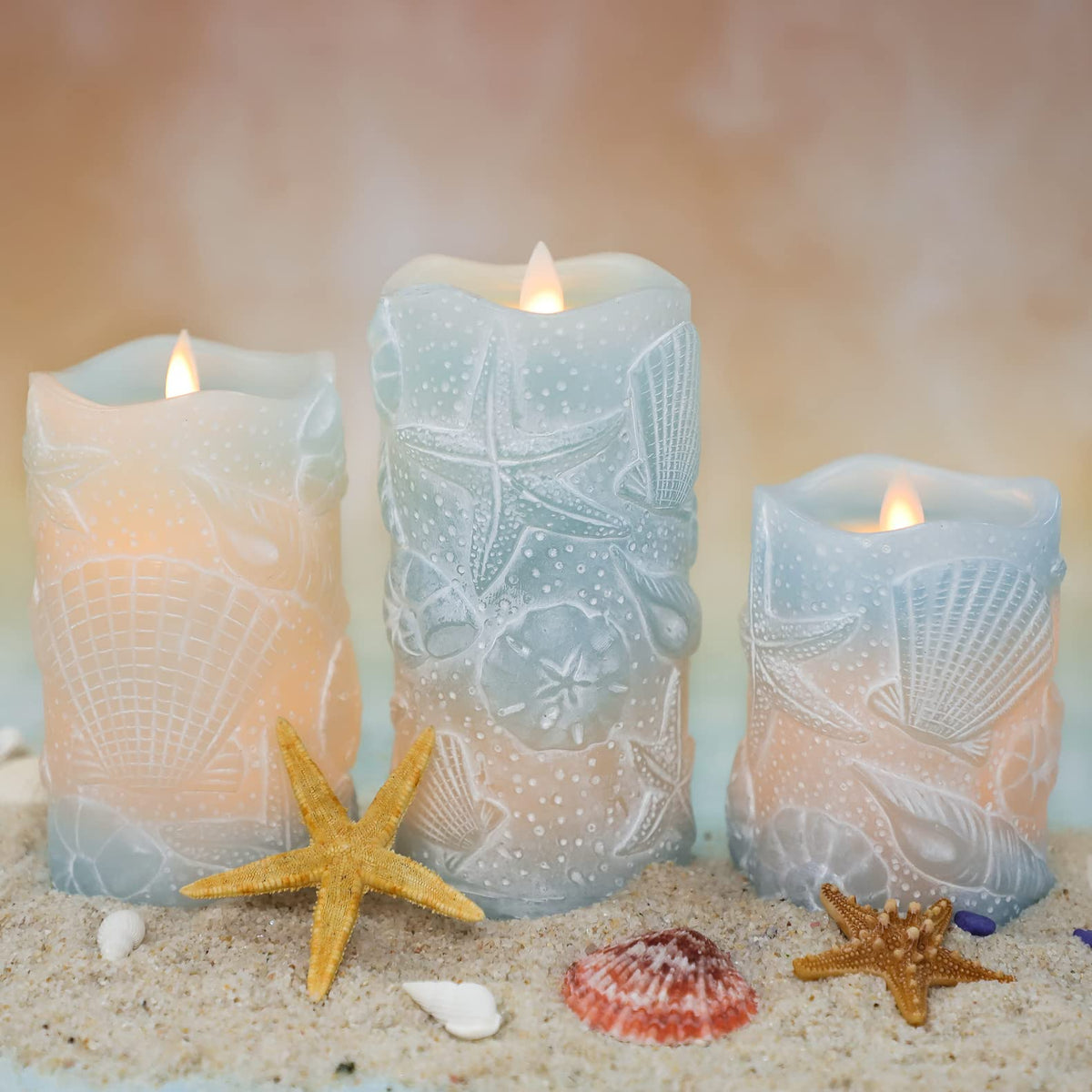 Silverstro Ocean Flameless Candles Remote Carved Seashell Real Wax Flicker Battery Operated Candles for Home Party Wedding Nautical Thanksgiving Christmas Easter Decor - Set of 3(Blue)