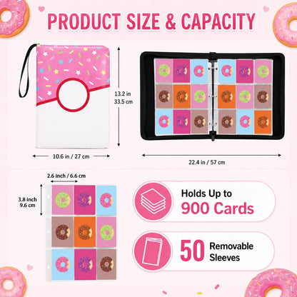9 Pocket Card Binder 900 Card Holder Album, Pink Donut Trading Cards Holder Zipper Binder for Girl Teen Collection (Pink Donut, 900 Pocket)