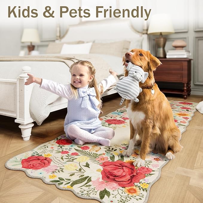 Washable Rugs for Living Room: 6x9 Area Rugs for Bedroom Soft Ultra Thin Stain Resistant Non Slip Low Pile Lightweight Vintage Floral Carpet for Dining Room Decor (Beige)