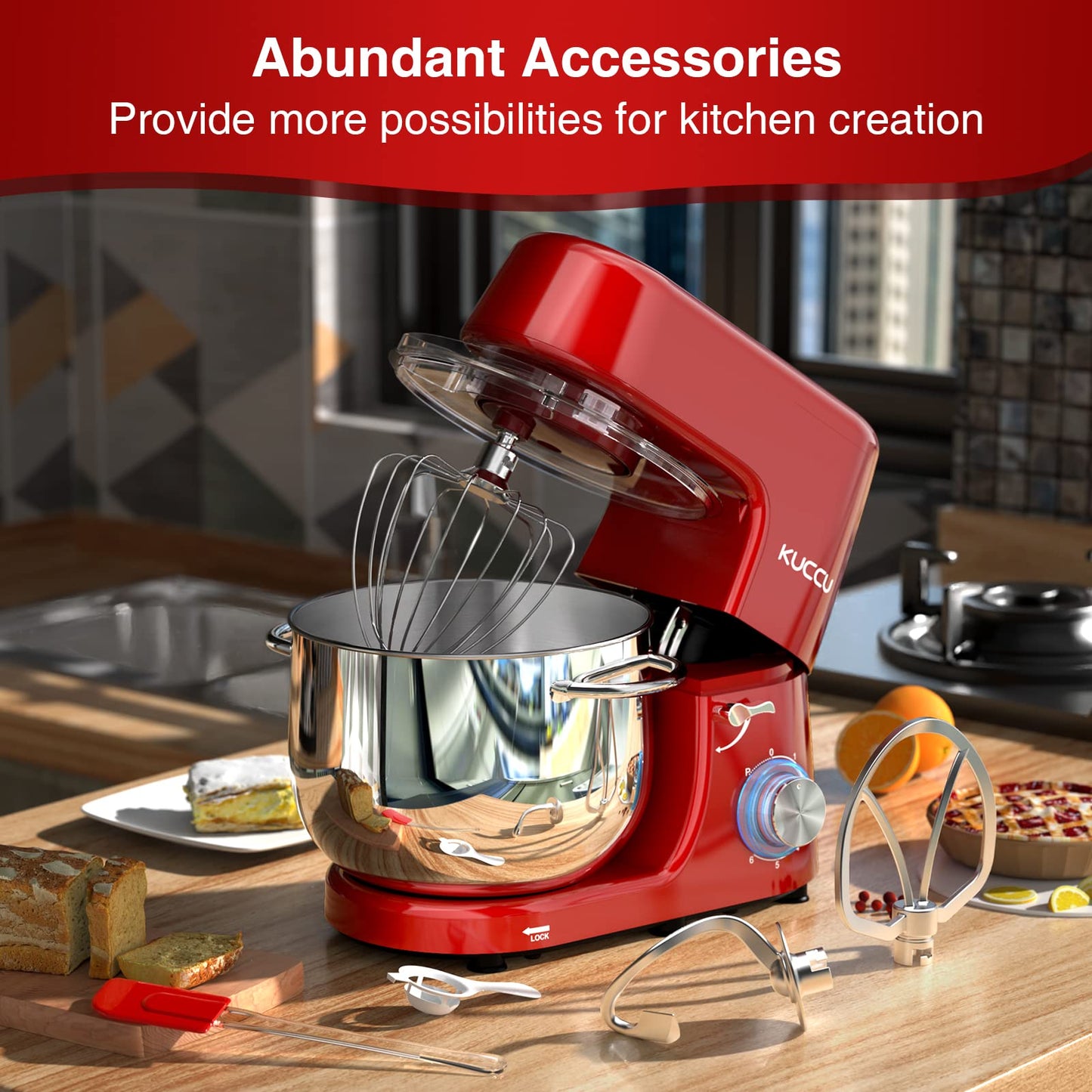 9.5 QT Double Handle KUCCU Stand Mixer, 6 Speed with Pulse Electric Kitchen Mixer, 660W Tilt-Head Food Mixer with Dishwasher-Safe Dough Hook, Flat Beater, Whisk, Splash Guard for home baking (Silver)