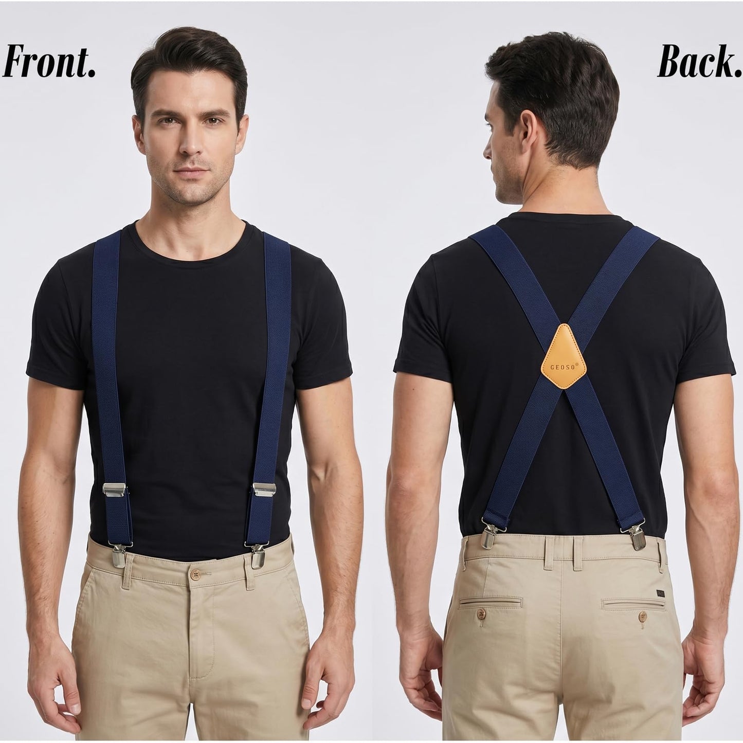GEOSO Work Suspender, 2-Inch Wide Elastic Clip-on Suspenders for Men, Heavy-Duty Pants Suspender Blue