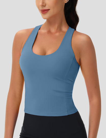 MAGCOMSEN Women's Built in Bra Workout Tank Tops Athletic Yoga Crop Top with Pads High Impact Supportive Fitted Gym Running Bras Blue L