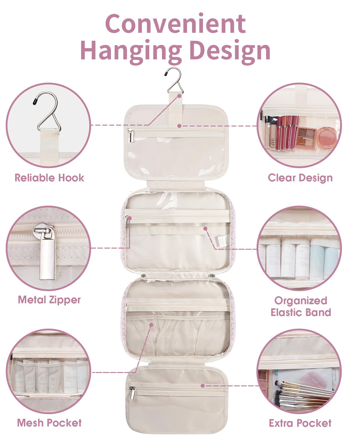 Narwey Travel Toiletry Bag for Women Large Hanging Makeup Bag Organizer Toiletries Bag for Full Size Essentials Accessories Cosmetics (Pink Flower Buds (Large))