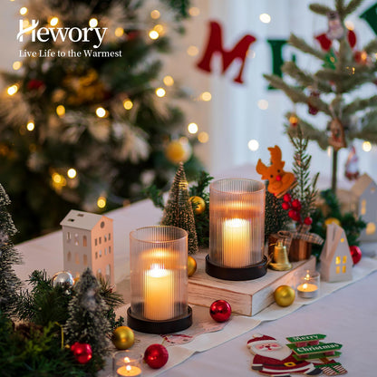 Hewory Ribbed Hurricane Candle Holder: Black Votive Candle Holders Set of 2, Glass Hurricane with Metal Candle Plate, Pillar Candle Holder for Table Centerpiece Christmas Wedding Holiday Home Decor