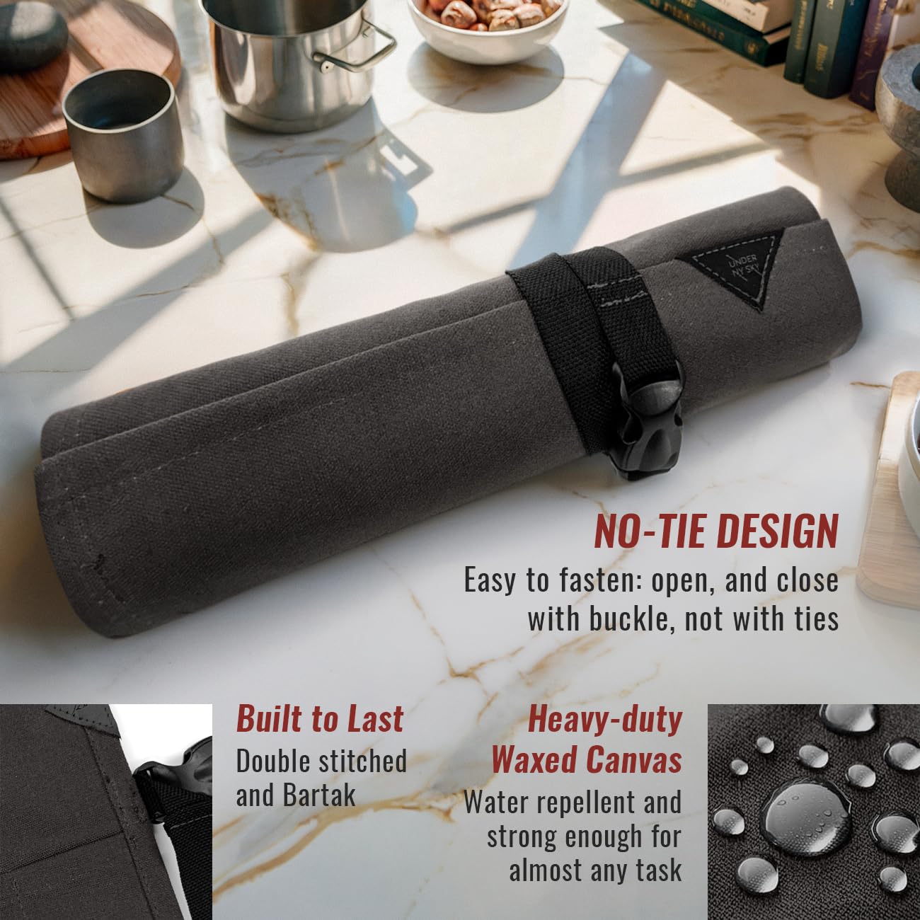 Under NY Sky Knife Roll Case - 4 Slots - Heavy Duty Waxed Canvas Pouch - Leather Reinforced - Portable Bag for Cooking Tools, Utensils, Cutlery Knives, Brushes - Chefs, Kitchen, Travel, Gift - GrayCV