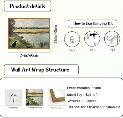Framed Vintage Hunting Black Dog Wall Art, Rustic Country Nature Landscape Pictures Wall Decor, Farmhouse Animal Paintings Canvas Prints Aesthetic Home Decor for Living Room Bedroom 16x24 inch