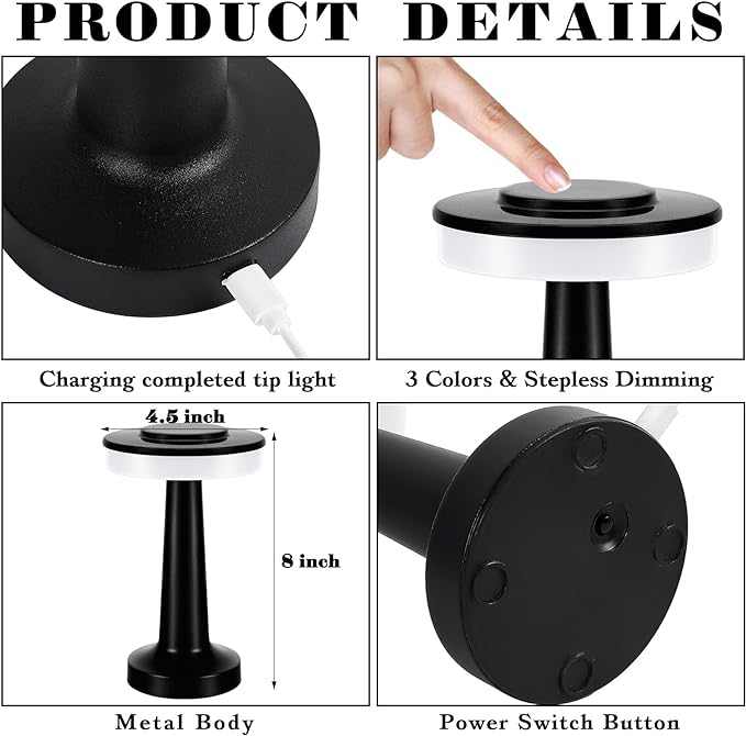 VIHOSE 8 Pcs 8 Pcs Cordless Table Lamps LED Portable Rechargeable Table Lamp with Touch Sensor 3 Color Dimming up to 15 Hours Battery Desk Light for Restaurant Nursery Living Room (Black)