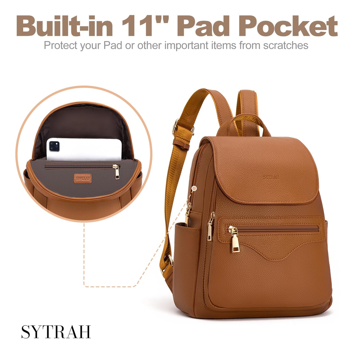 SYTRAH Mini Backpack Purse for Women, Causal Small Backpack with Built-in RFID Wallet & 11" Tablet Sleeve, Stylish Travel Daypack for Daily Brown