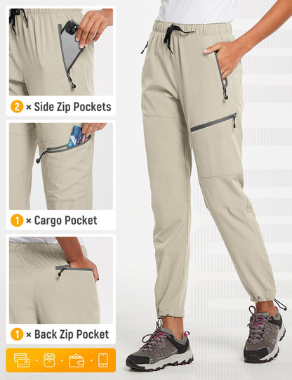 baleaf Cargo Pants for Women Petite Joggers Lightweight Quick Dry Pant Water Resistant 27'' Travel Workout Athletic Suntan Size L