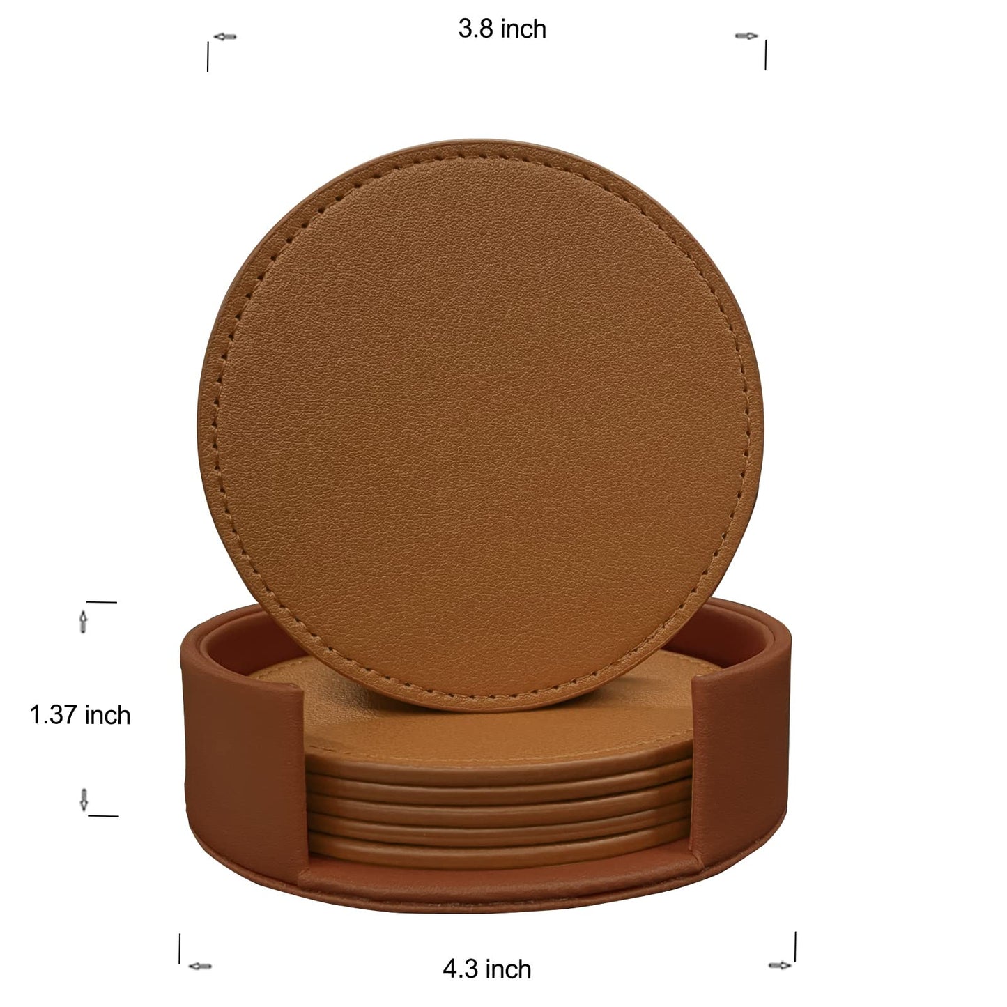 KEMMPER Coasters Set of 6 Soft Leather Drink Coaster Round Coaster with Sewing Around, Suitable for Various Cups, Wooden Tables,Home Decoration,4 Inches(Brown)