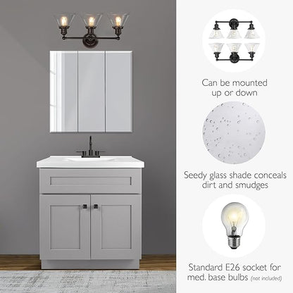Design House Augustin Vanity Light, 3-Light, Seeded Glass Warm Glow, Dimmable, Up/Down Glow, Easy Installation, E26 Socket, Black, 25.9 in L x 8.3 in D x 11.1 in H, 589036-BLK