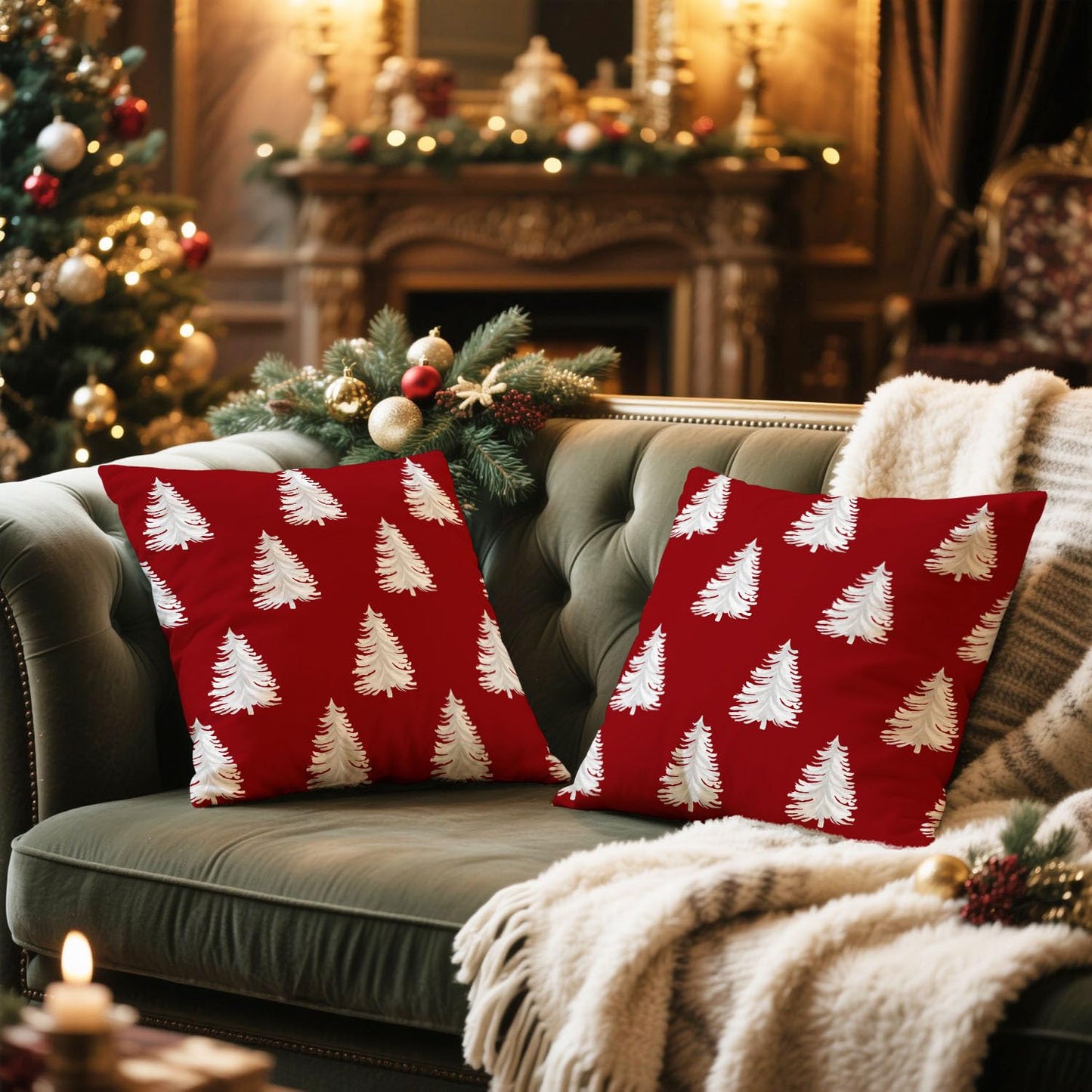 Artmag Christmas Pillow Covers 24x24 Inch Set of 2 Decorative Xmas Tree Red Throw Pillow Covers for Winter Holiday Decoration Coach Sofa Living Room
