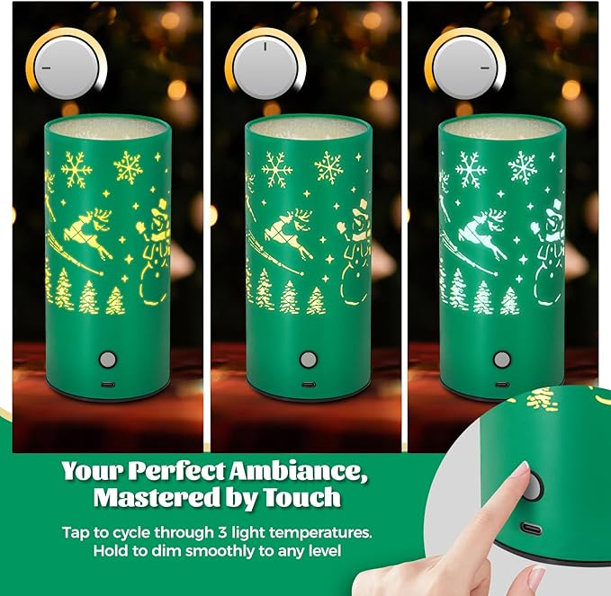 Christmas Table Lamp with Hollow-Out Design - Rechargeable Touch Control Dual Color LED, Warm/Cool White Metal Decor for Home Desk Party, 1200mAh Battery(Greed)