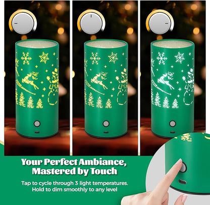 Christmas Table Lamp with Hollow-Out Design - Rechargeable Touch Control Dual Color LED, Warm/Cool White Metal Decor for Home Desk Party, 1200mAh Battery(Greed)