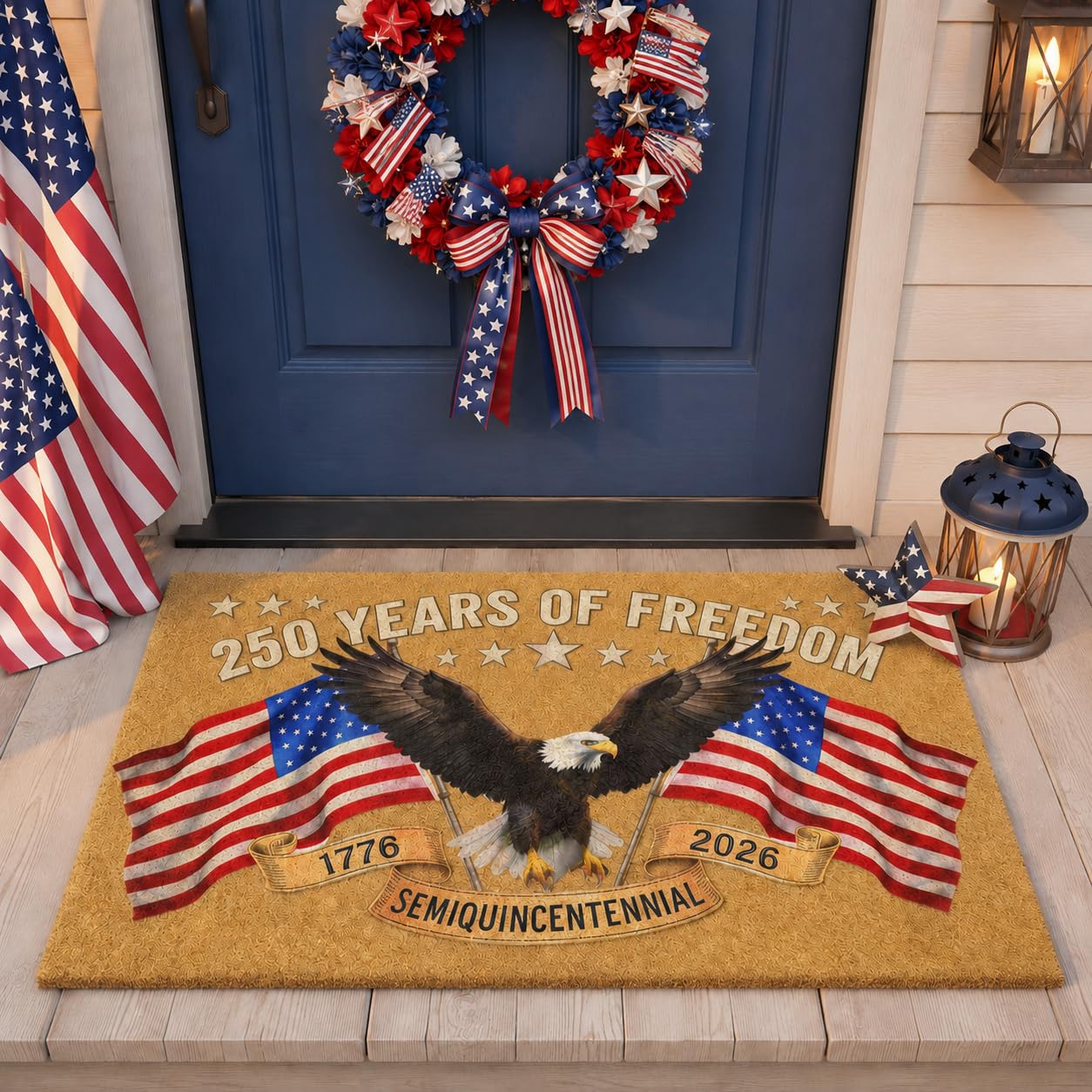 Patriotic Door Mat 250th Anniversary America USA Doormat,4th of July 17"x28" Patriotic Coir Mat with Bald Eagle & Stars Mat,Non-Slip Independence Day Freedom Memorial Day Porch Front Decor