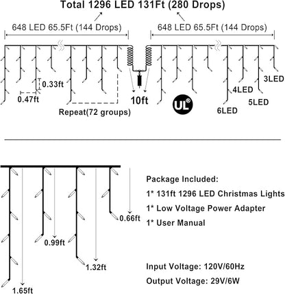 1296 LED 131FT Christmas Lights 288 Drops, Outdoor Hanging lights with 8 Modes & Timer, Plug in Curtain String Light Outdoor Waterproof for House Tree Holiday Wedding Party Outside Decor (Cool White)