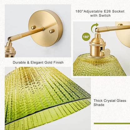 Wall Sconces Set of Two Hardwired, Vintage Wall Light with Gradient Green Glass Lampshade, Bathroom Wall Sconces with Switch, Gold Wall Light Wall Decor Set of 2