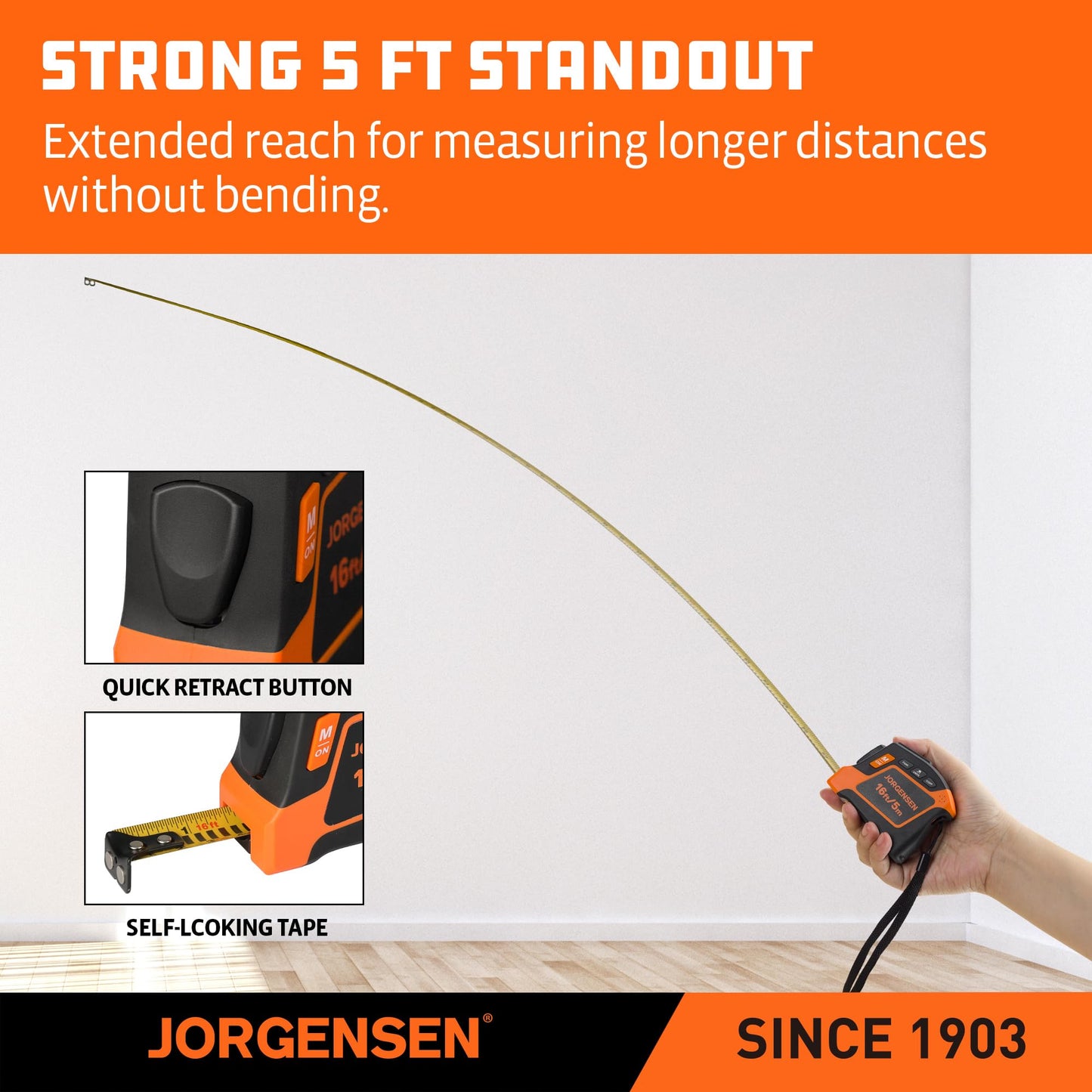 JORGENSEN Digital Tape Measure, 16Ft Rechargeable Digital Measuring Tape Ft/Ft+in/in/M/CM/MM Unit, Metric & Inches Tape Measurement Tool for Pythagorean, Area, Volume
