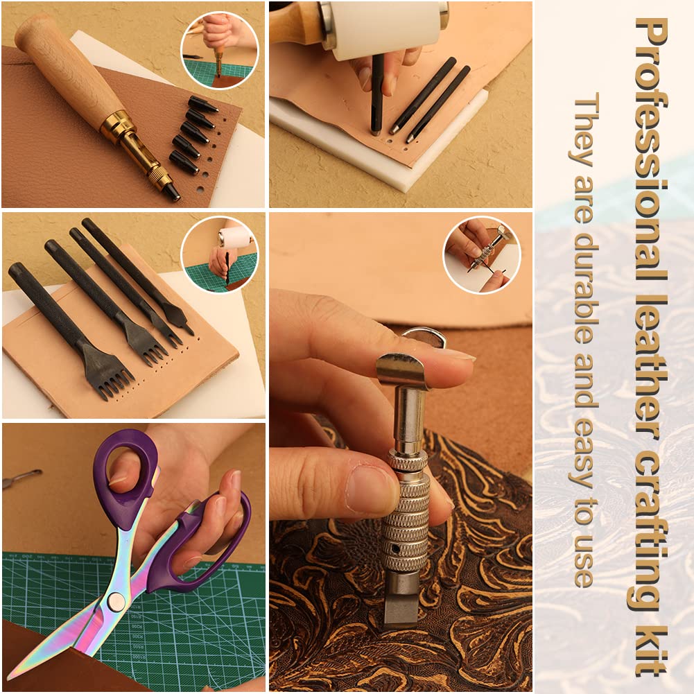 Tikjiua 456Pcs Leather Working Tools with Apron and Tooling Bag, Leather Craft Kit with Tools for Stamping, Carving, Sewing, Beveling, Cutting, Crafting