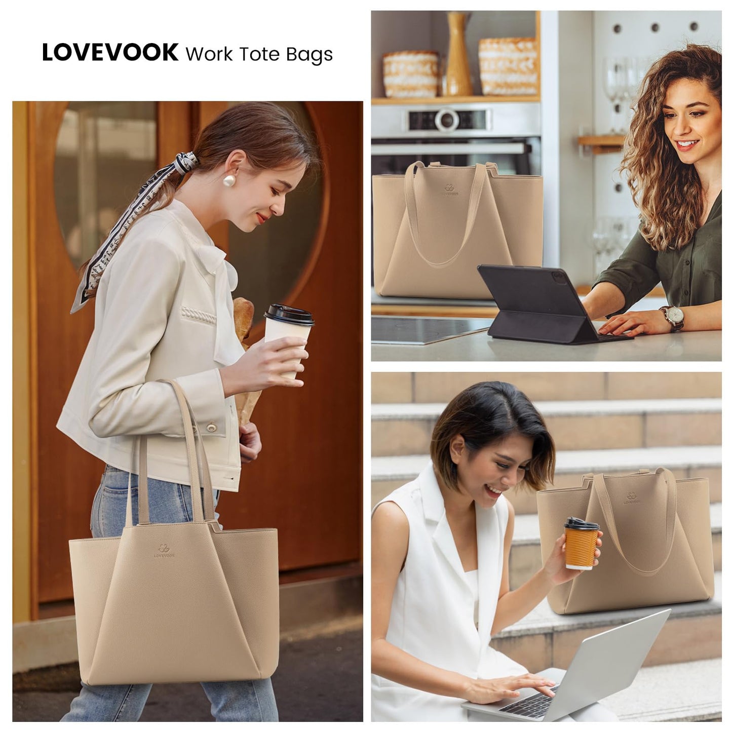 LOVEVOOK Laptop Tote for Women - 15.6 Inch Faux Leather Laptop Bag with Clutch, Large Capacity Office Purse Computer Briefcase for Casual Business Travel,Sandy