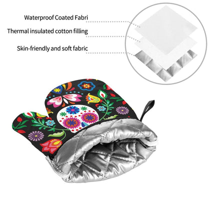 Mexican Skull Skeleton Floral Oven Mitts and Pot Holders Set of 4, Oven Mittens and Potholders Heat Resistant Gloves for Kitchen Cooking Baking Grilling BBQ