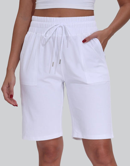 WEAREFO Women's Bermuda Shorts 10" Long High Waisted Comfy Jersey Knee Length Shorts with Pockets for Athletic Casual Wear (White, XL)