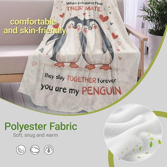 Cute Penguin Couple Lightweight Throw Blanket, Adorable Cartoon Animal with Heart, Warm Soft Cozy Flannel Blankets, Couch Dorm Home Decor All Season Use, 50x40in, Beige, Gifts for Friends