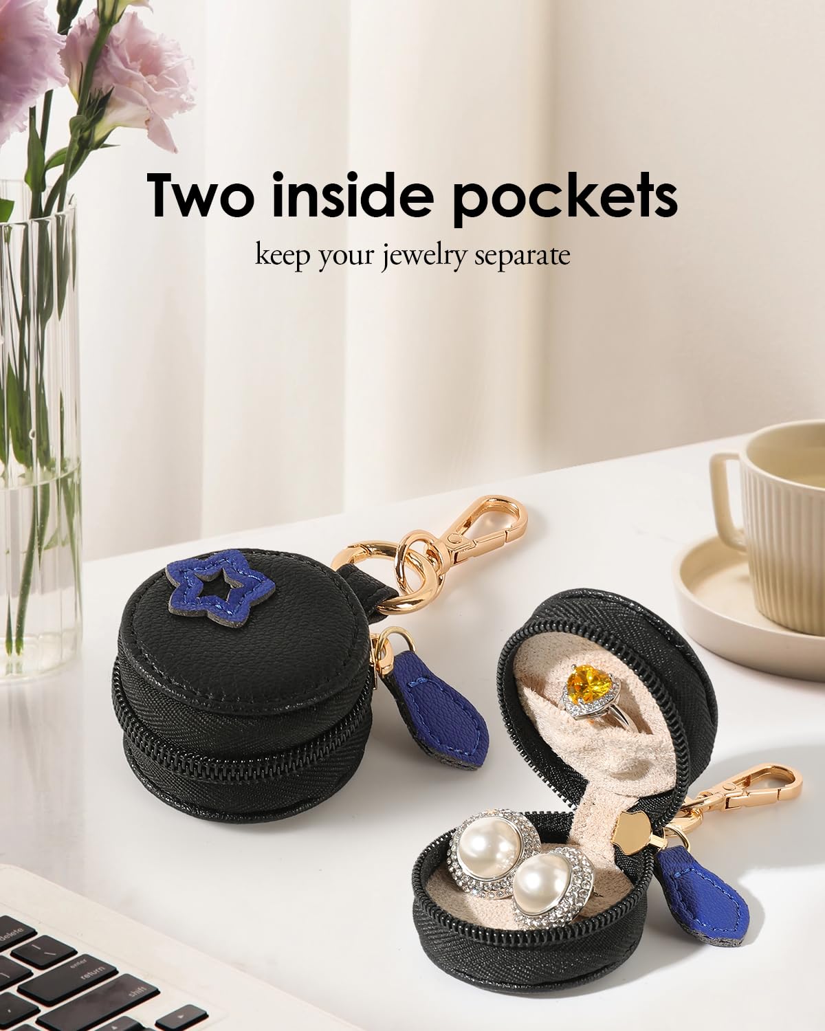 COOLYOUTH Travel Jewelry Holder Storage Ring Holder with Keychain Leather Mini Ring Case (Blue Black)