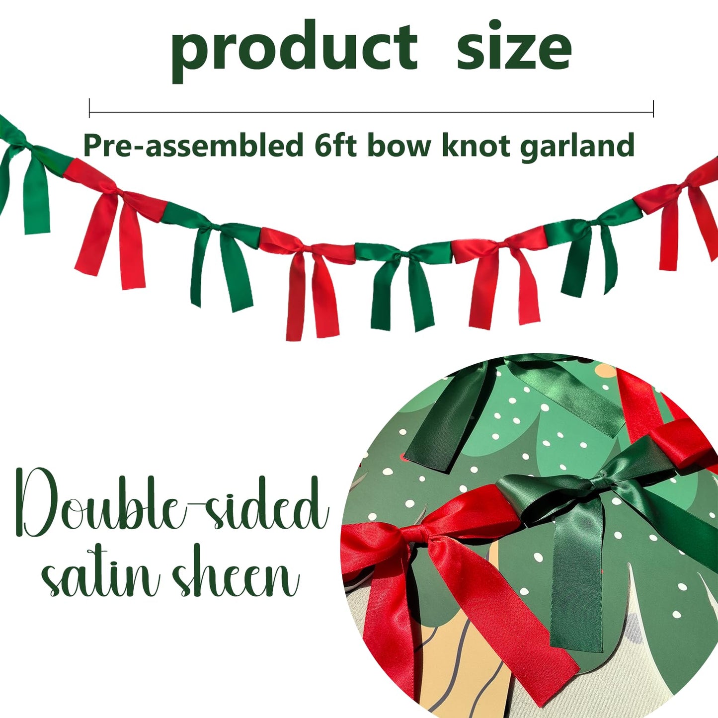 Eanjia Bow Knot Garland | 6ft Linking Satin Bow Banner with 3ft Extend Ribbon for Coquette Bachelorette Party, Baby Shower,Bridal Shower Wedding Baby Room Bed Decor (Red & Green, 6ft)