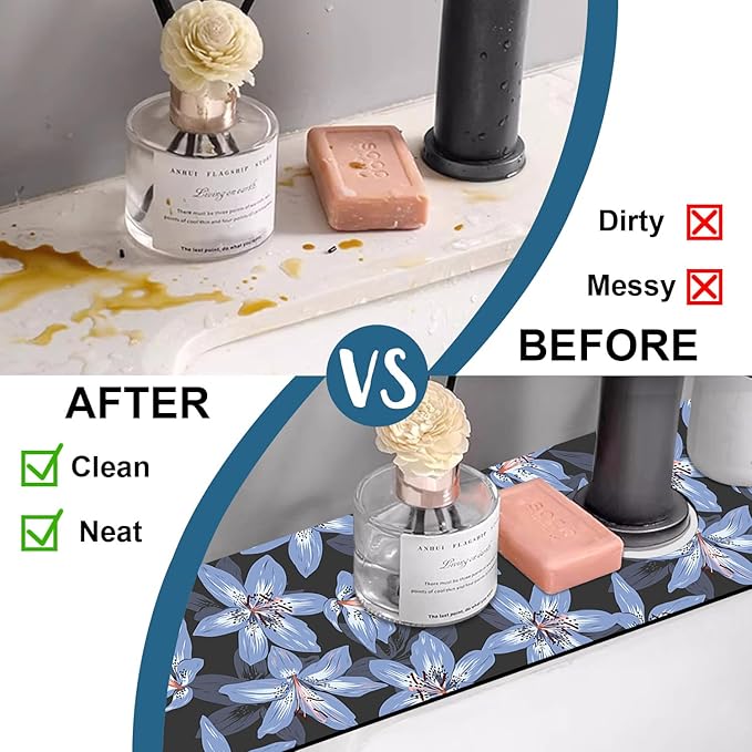 Blooming Lily Sink Splash Guard Faucet Mat Blue Lily Flowers Super Absorbent