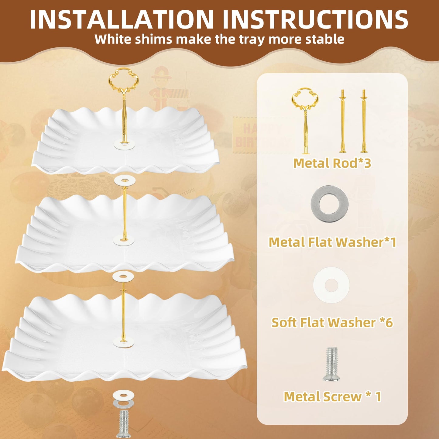 10 Pack Dessert Table Display Set - 4 x Three-Tier Square Cupcake Stands and 6 x Serving Trays, Elegant Tableware for Cakes, Cupcakes, Pastries, and Snacks, Perfect for Parties (White)