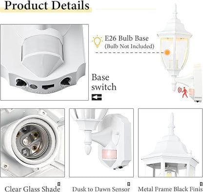 Porch Lights Outdoor Motion Sensor Wall Sconce Anti-Rust Aluminum, Exterior Outdoor Wall Lights Dusk to Dawn Porch Light Fixture Wall Mount for House Outside Patio 2Pack White